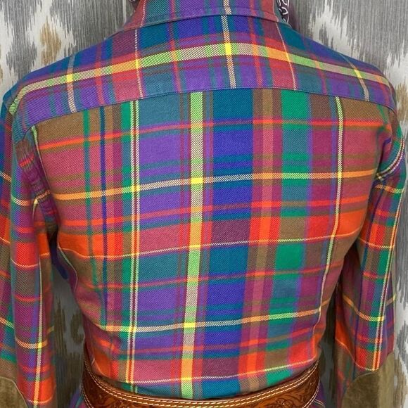 Ralph Lauren Bright Jewel-Tone Check Plaid Cotton Flannel Suede Patch Workshirt - Picture 6 of 16